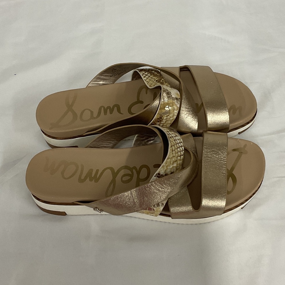 Sam Edelman Metallic Gold and Neutral Strappy Slide Sandals